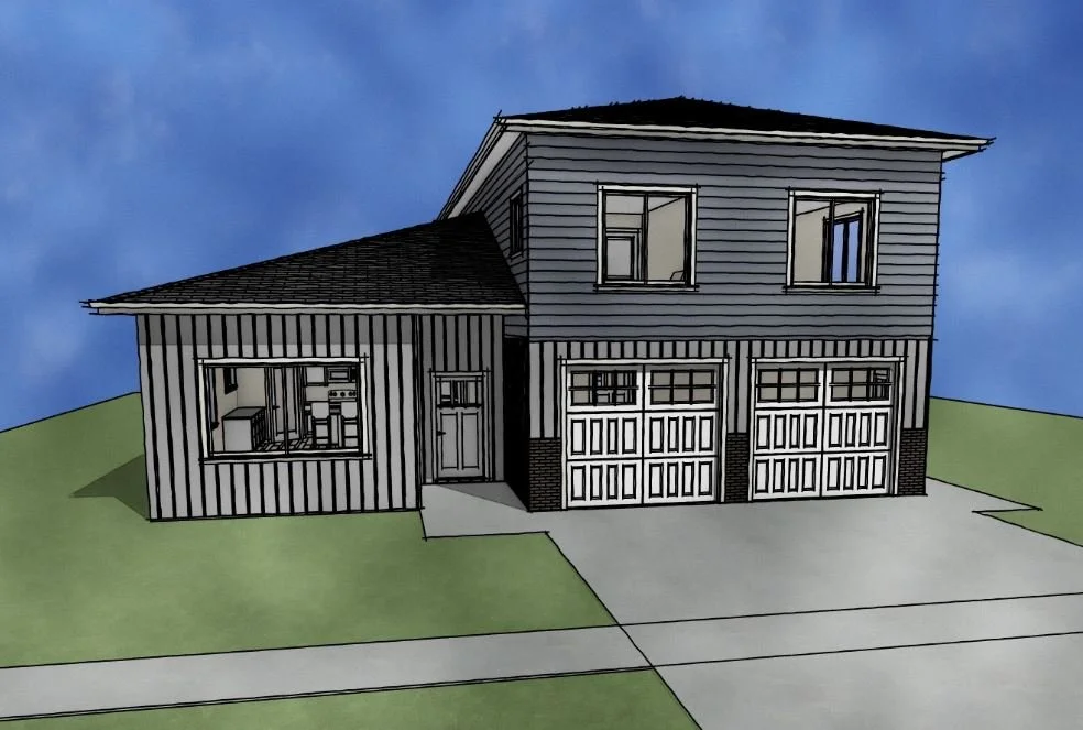A two-story house with a garage, front lawn, and an exterior with horizontal siding and black accents. The house has a front door, several windows, and a driveway leading to the garage.