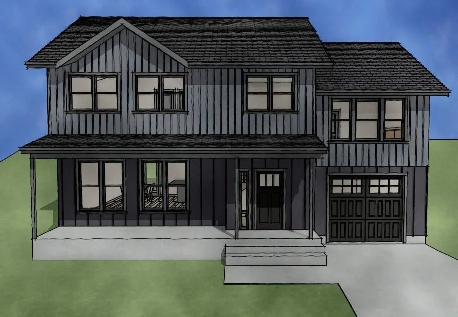 Draft architectural drawing of a two-story modern house with a dark exterior, large windows, front porch, and attached garage.