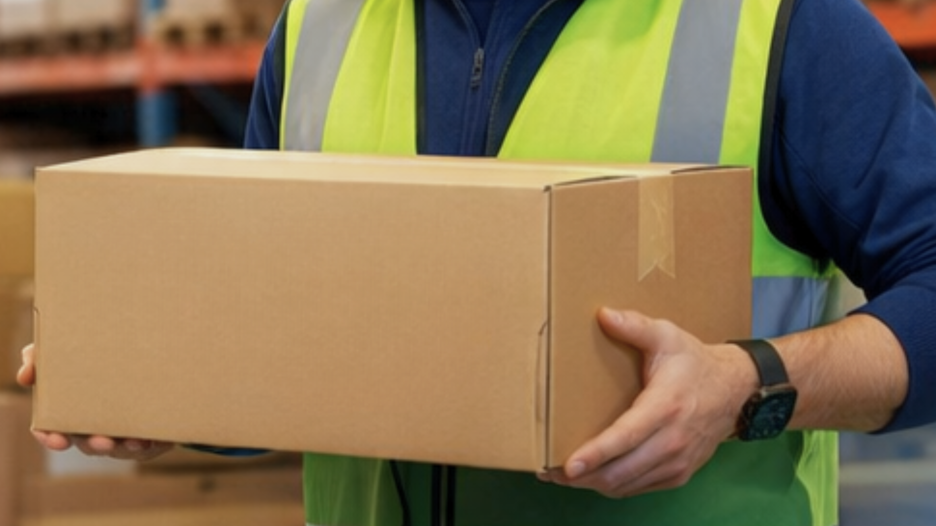 Person in yellow safety vest holding a cardboard box in a warehouse.