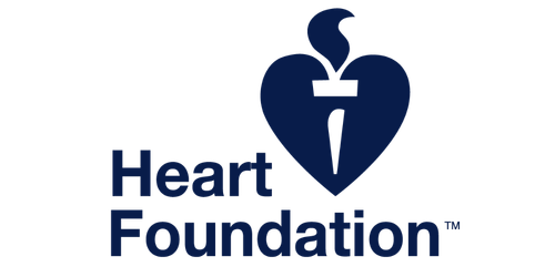 The logo of the Heart Foundation, featuring a stylized blue heart with a sword inside.