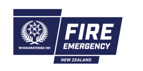 New Zealand Fire and Emergency logo with a blue background and black text.