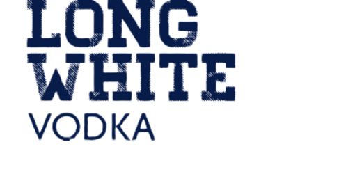 Text reading 'Long White Vodka' in blue on a black background.