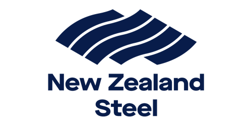 New Zealand Steel logo with stylized blue steel sheets and company's name.