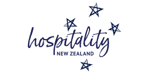 Hospitality New Zealand logo with pink and blue text and star graphics.