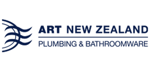 Logo of Art New Zealand Plumbing & Bathroomware featuring blue wavy lines and text in blue.