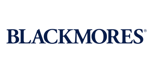 Blackmores logo in blue text on a black background.