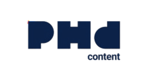 PHI content logo with text in dark blue and green on a black background
