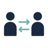 Two user icons with arrows indicating two-way communication between them.