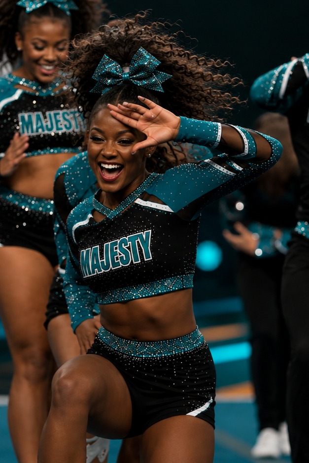Cheerleaders in blue and black uniforms with 'Majesty' written on the front, performing a high-knee dance move, smiling, and wearing matching bows and outfits decorated with rhinestones.