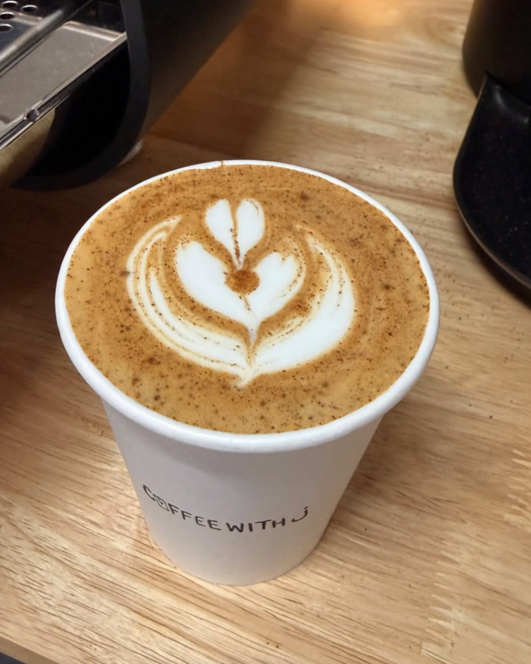 Cup of coffee with latte art on top, sitting on a wooden table.