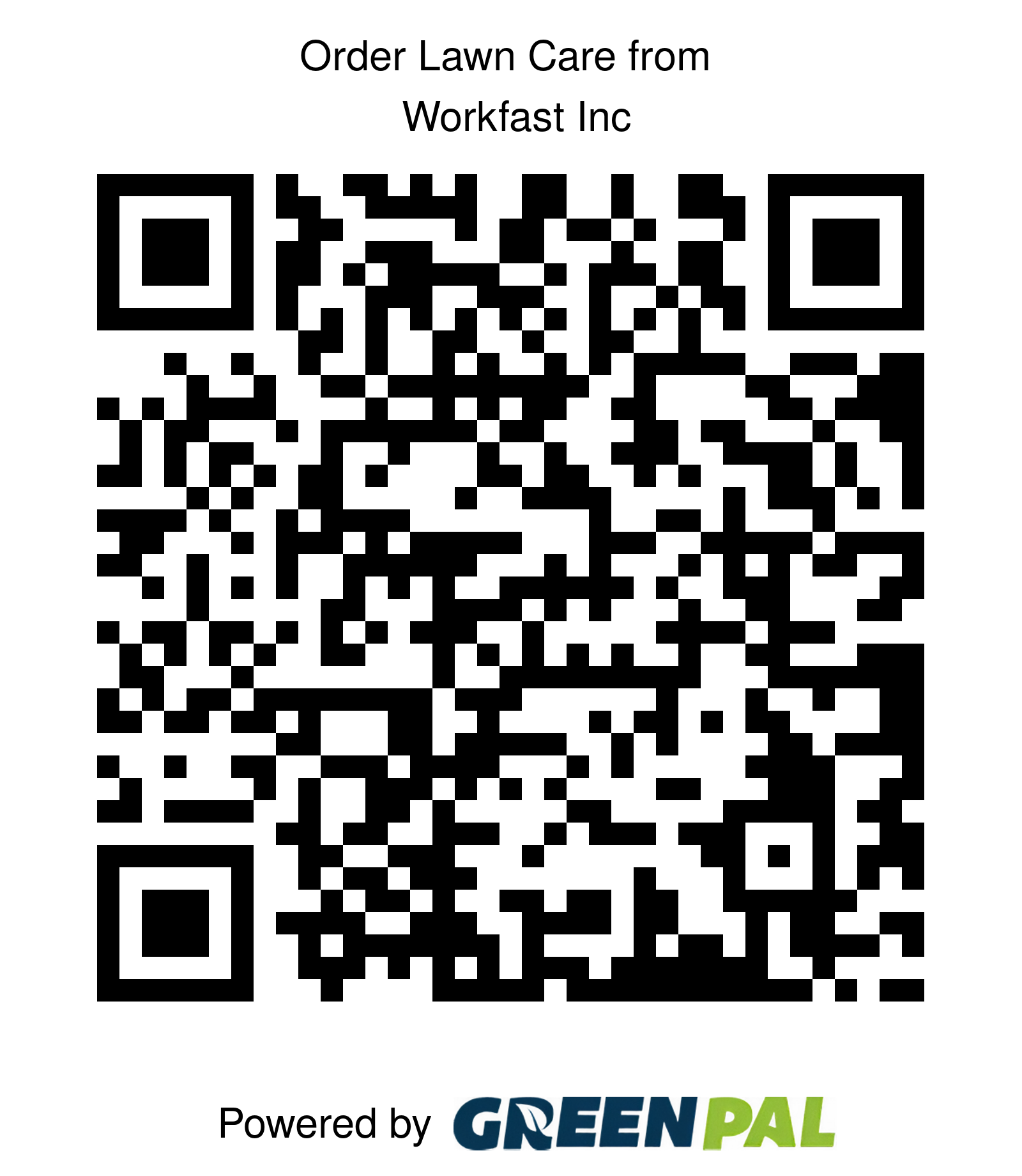 QR code for ordering lawn care from Workfast Inc, powered by GreenPal.