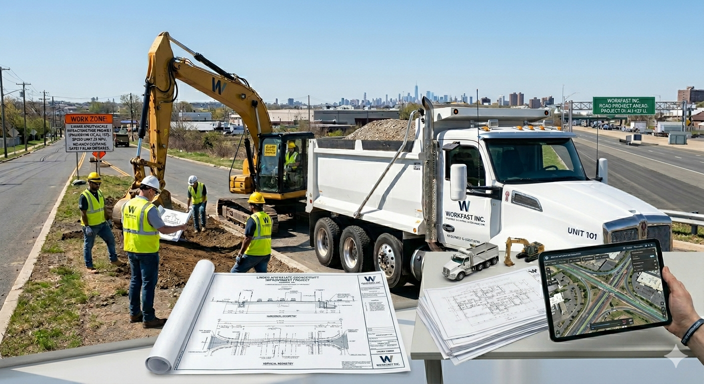 Construction workers in safety vests and helmets working on road expansion, with machinery and blueprints, on a highway with city skyline in background.