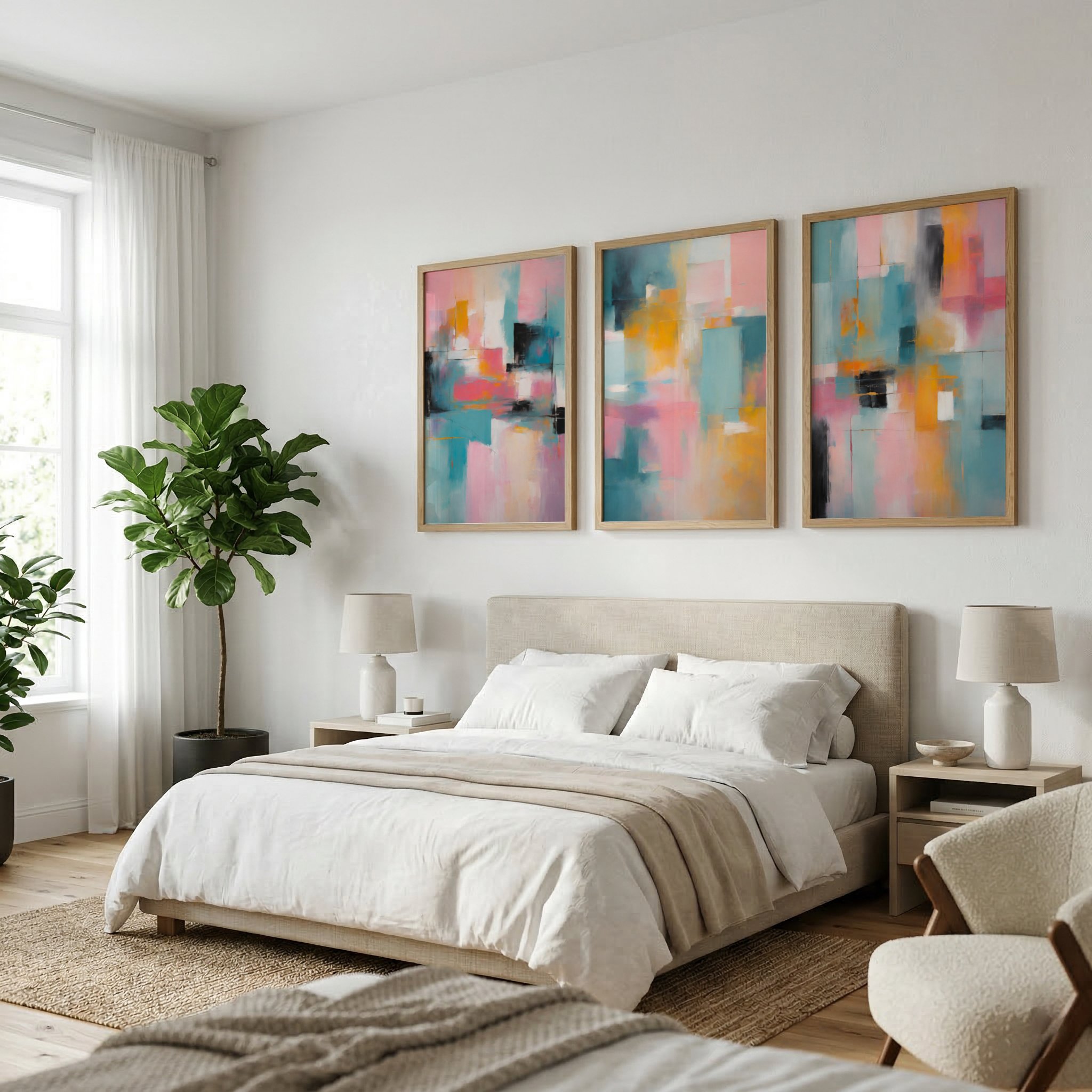 Pastel abstract printable wall art gallery wall of three prints featured above the bed in a neutral bedroom