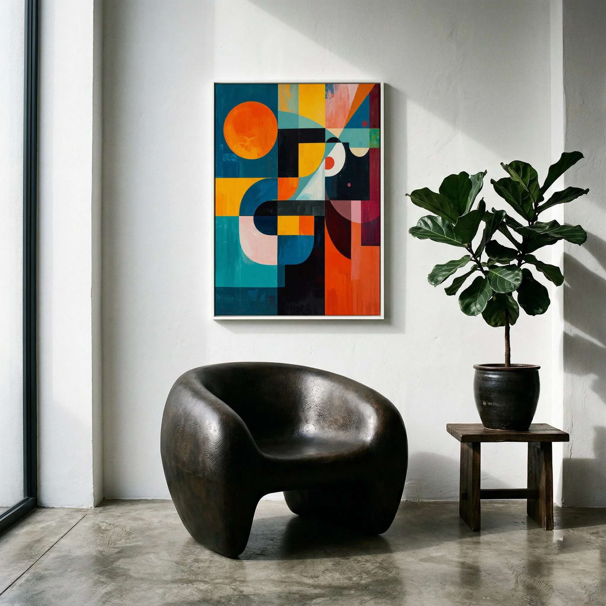 Modern interior with a black leather armchair, a potted plant on a wooden side table, a colorful abstract painting on a white wall, and a concrete floor.