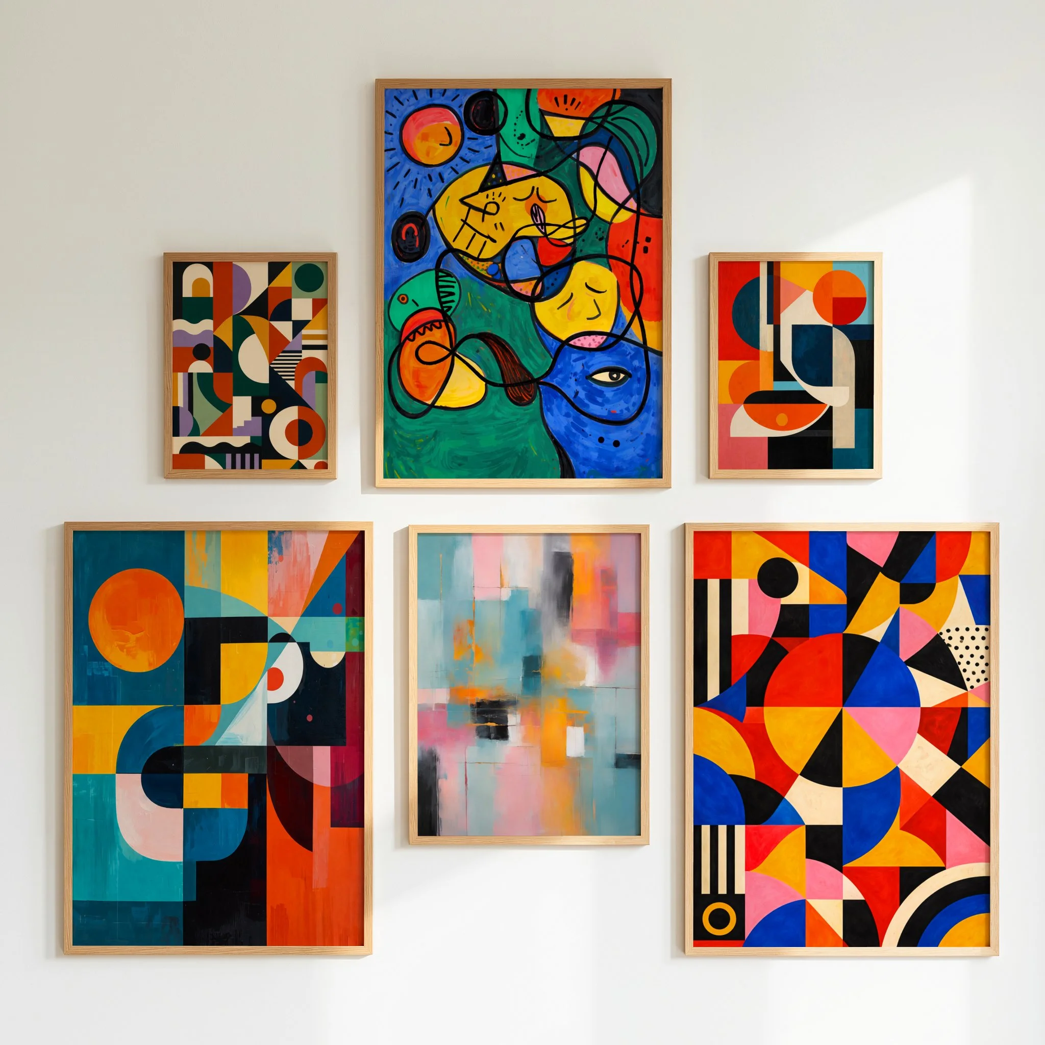 Collection of seven colorful abstract paintings on a white wall, with various geometric shapes and vivid colors.