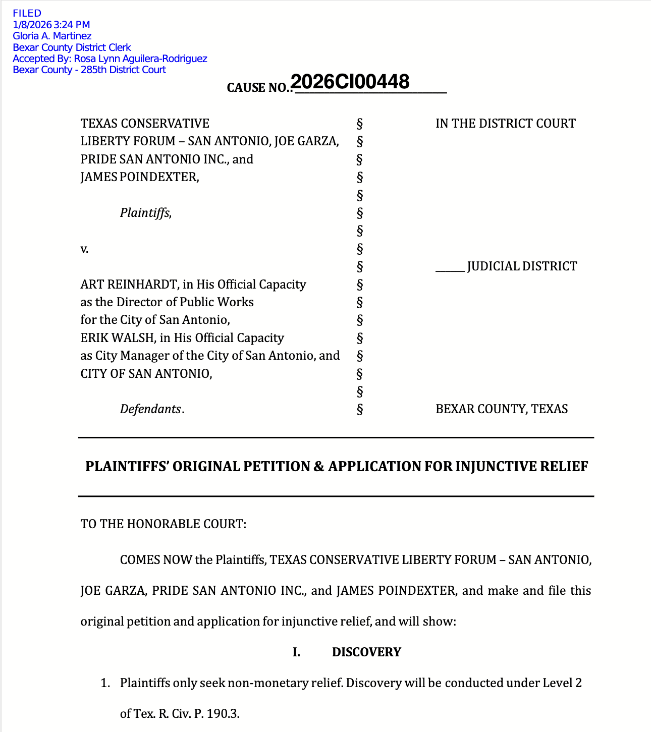 Legal document titled 'CAUSE NO. 2026CI00448' from Bexar County District Court, filed on August 1, 2026, at 3:24 PM by Gloria A. Martinez, with parties including Texas Conservative Liberty Forum, Joe Garza, Pride San Antonio Inc., and James Poindexter against Art Reinhardt, Erik Walsh, and the City of San Antonio. The document pertains to an injunction petition and application for injunctive relief, with details about non-monetary relief and legal procedures.