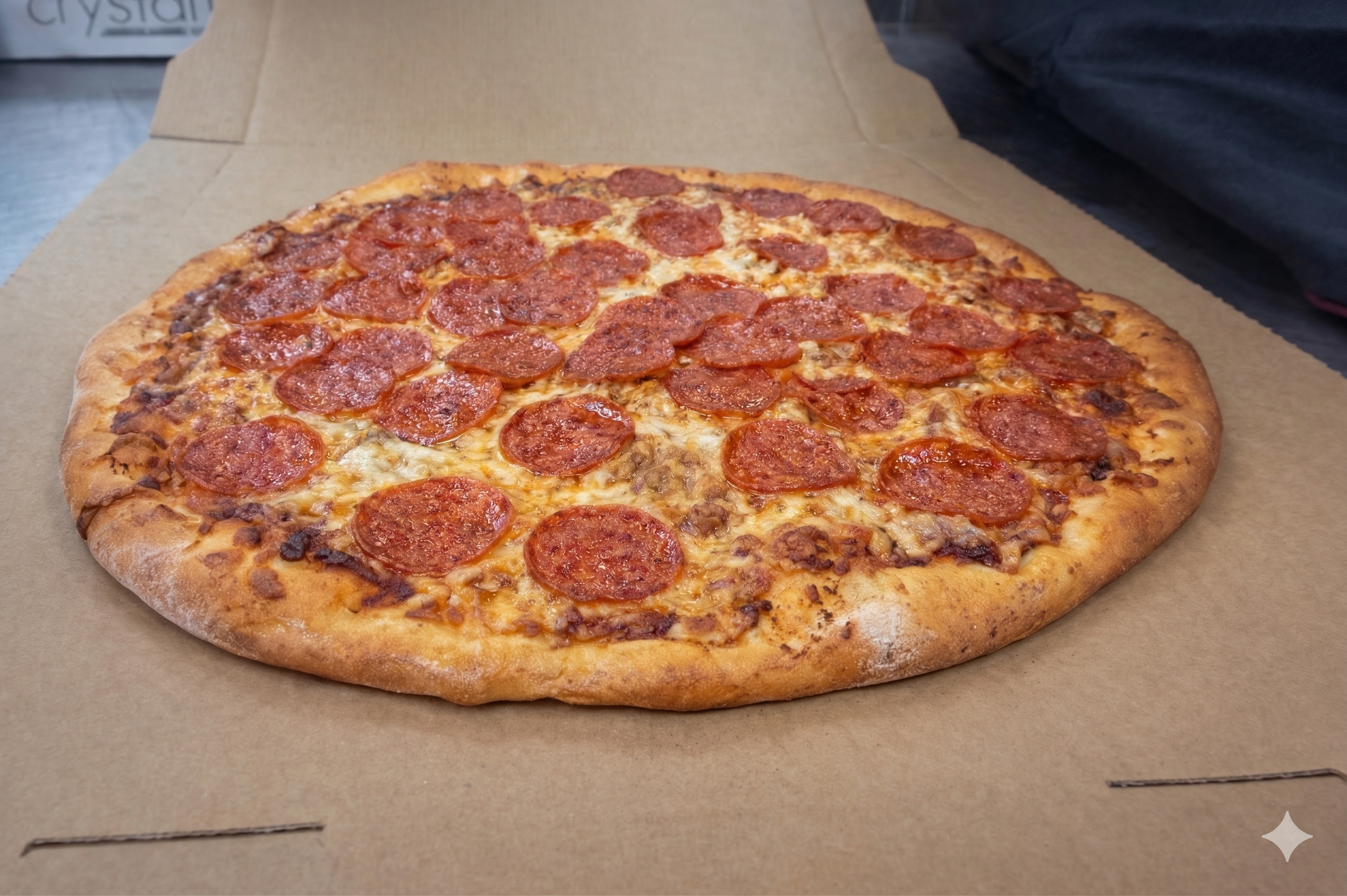 Pepperoni pizza in a cardboard box, sitting on a table.
