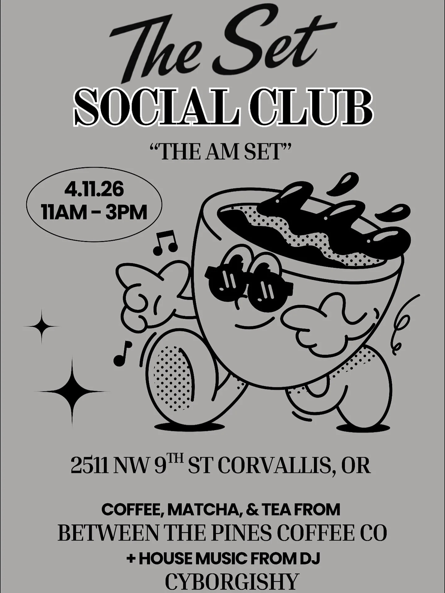 THE AM SET THIS SATURDAY 11-3PM 
📍The Set Corvallis - 2511 NW 9th St Corvallis OR 97330

COFFEE + MATCHA + TEA 
@betweenthepines.coffeeco 

DJ SET
@cyborgishy 

The inspiration behind this was Sunday Cleaning Playlists on YouTube by @mikeo_leary 🔥
