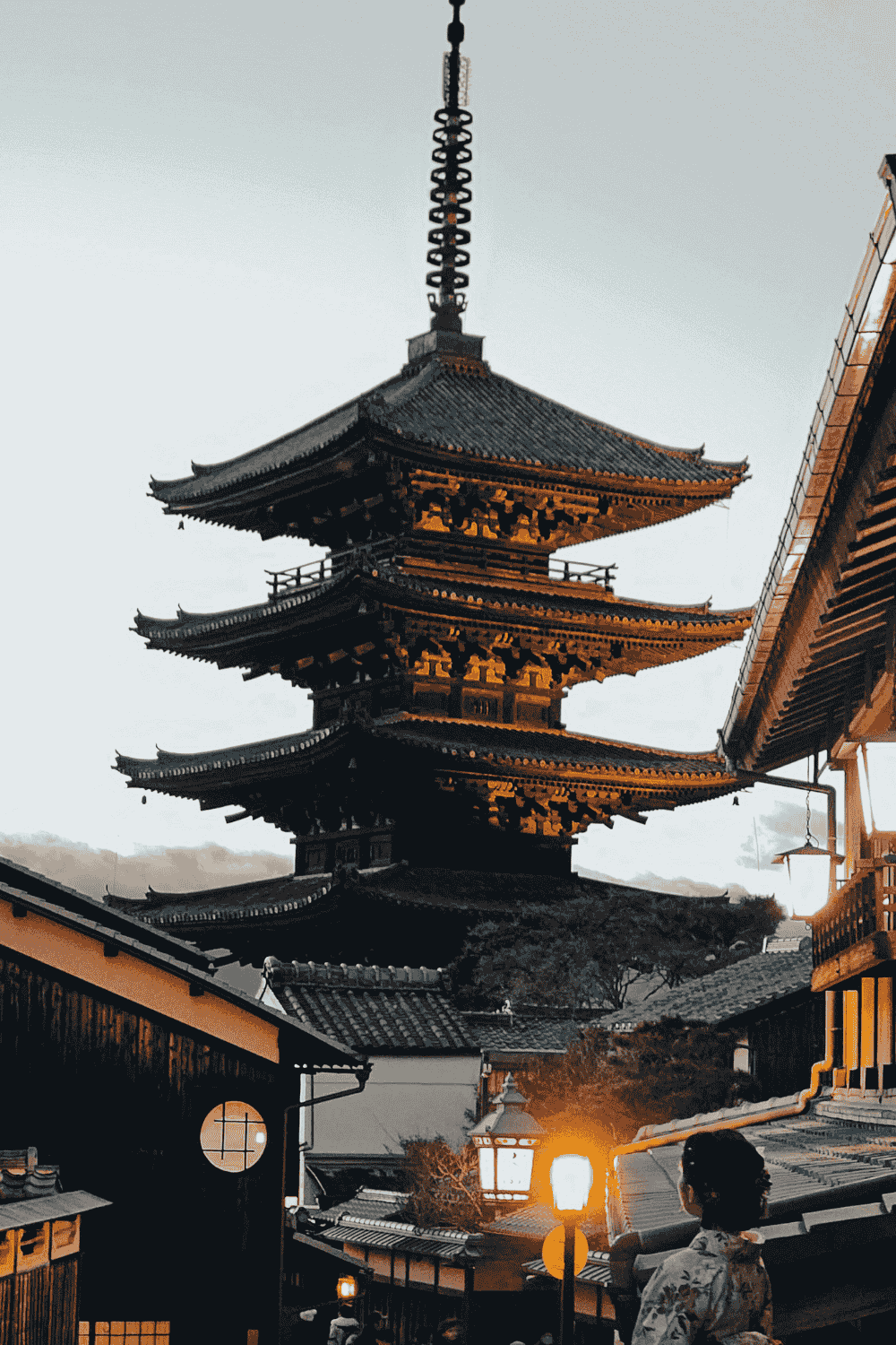 Traditional Kyoto temple in Japan with pagoda and historic architecture at sunset