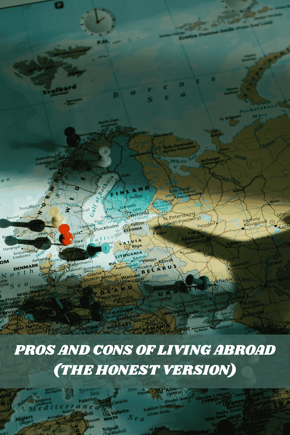 pros and cons of living abroad concept with world map and travel pins showing different countries and expat lifestyle choices