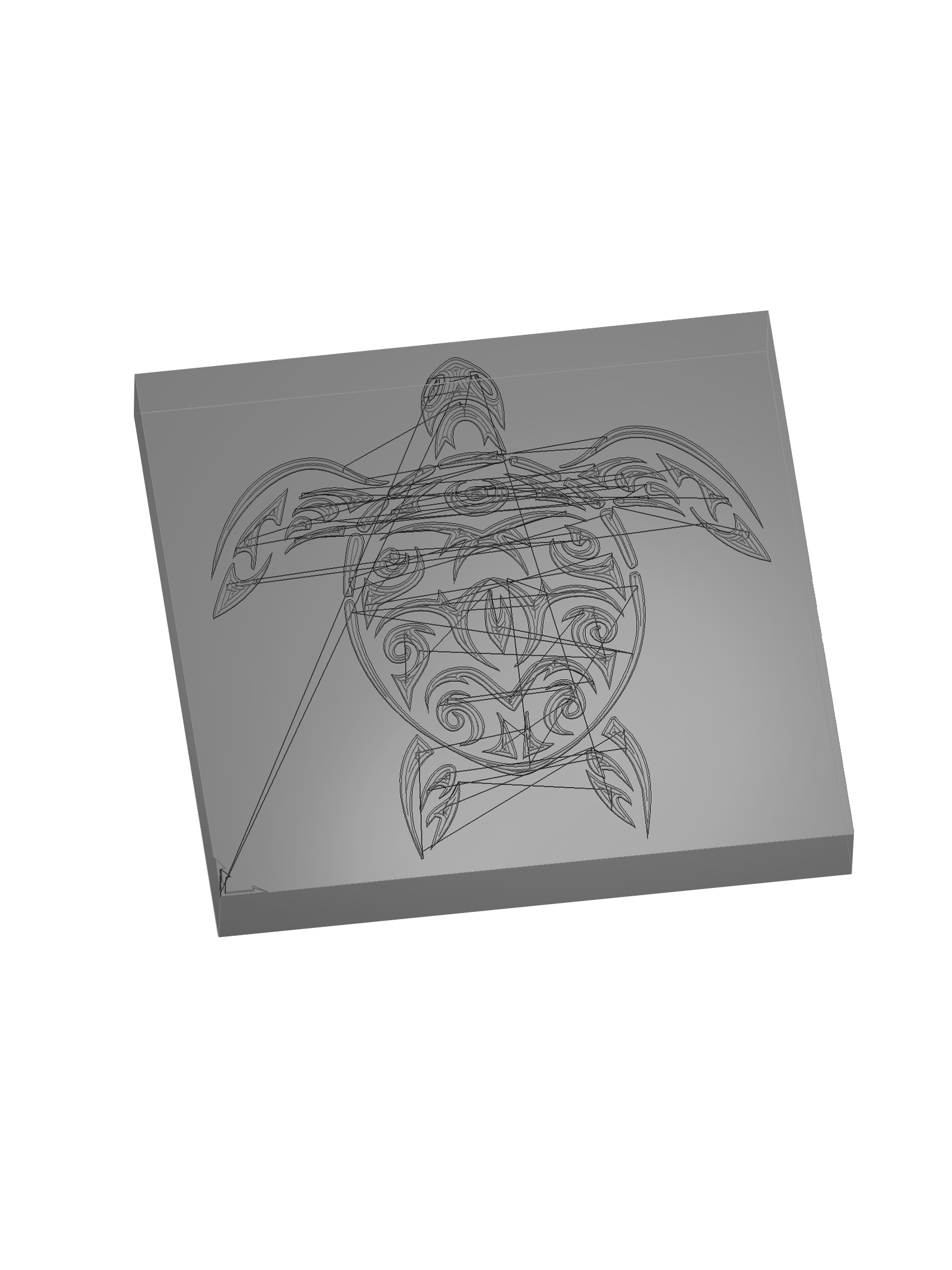 Wireframe of a totem pole design on a rectangular surface, featuring stylized animal figures and tribal patterns.