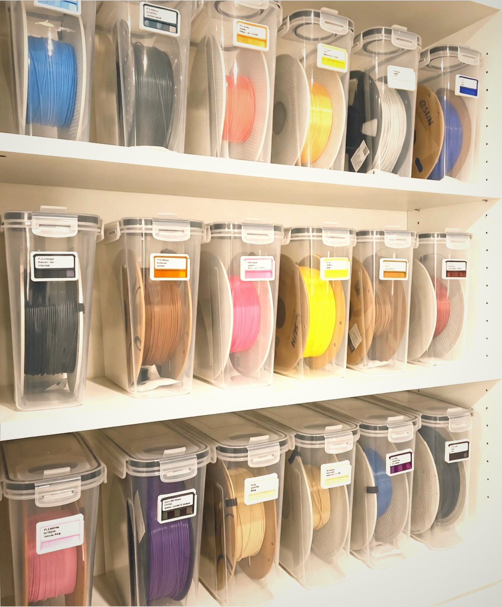 Shelves with clear plastic bins containing various colored and textured shoelaces, labeled for organization.