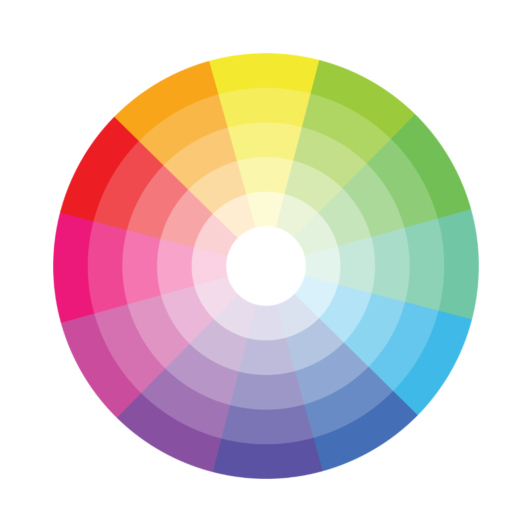 Color wheel displaying a spectrum of colors from red, pink, purple, blue, green, yellow, and orange in a circular arrangement.