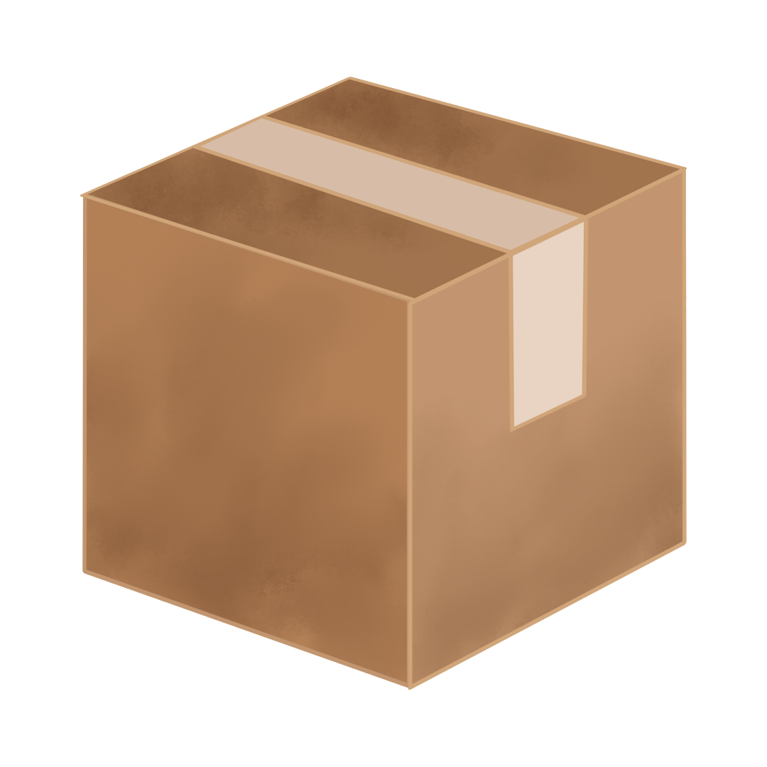 A closed cardboard box with brown exterior and white interior, viewed from an angle.