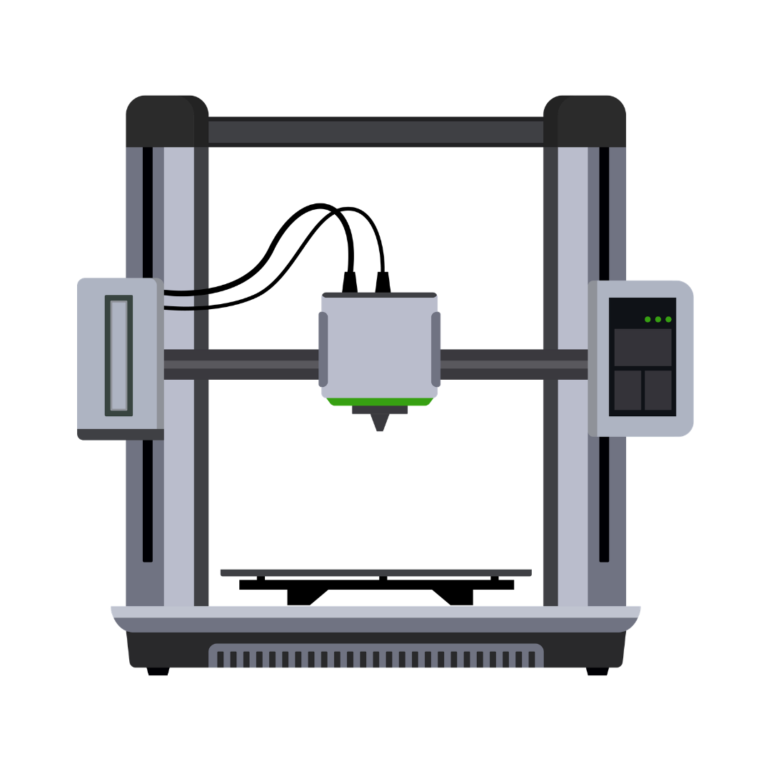 A digital illustration of a 3D printer with a black background.