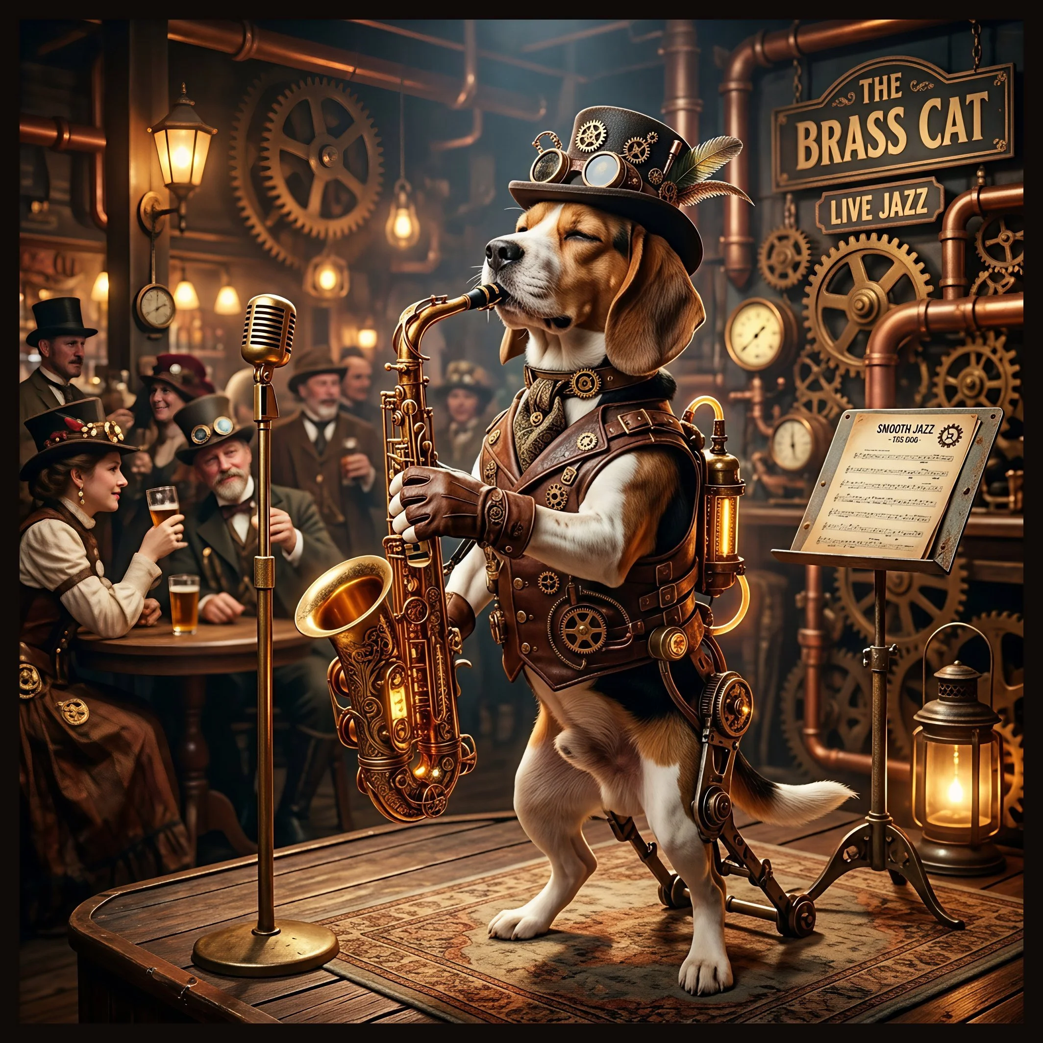 Steampunk Saxophone Dog – Framed Tile