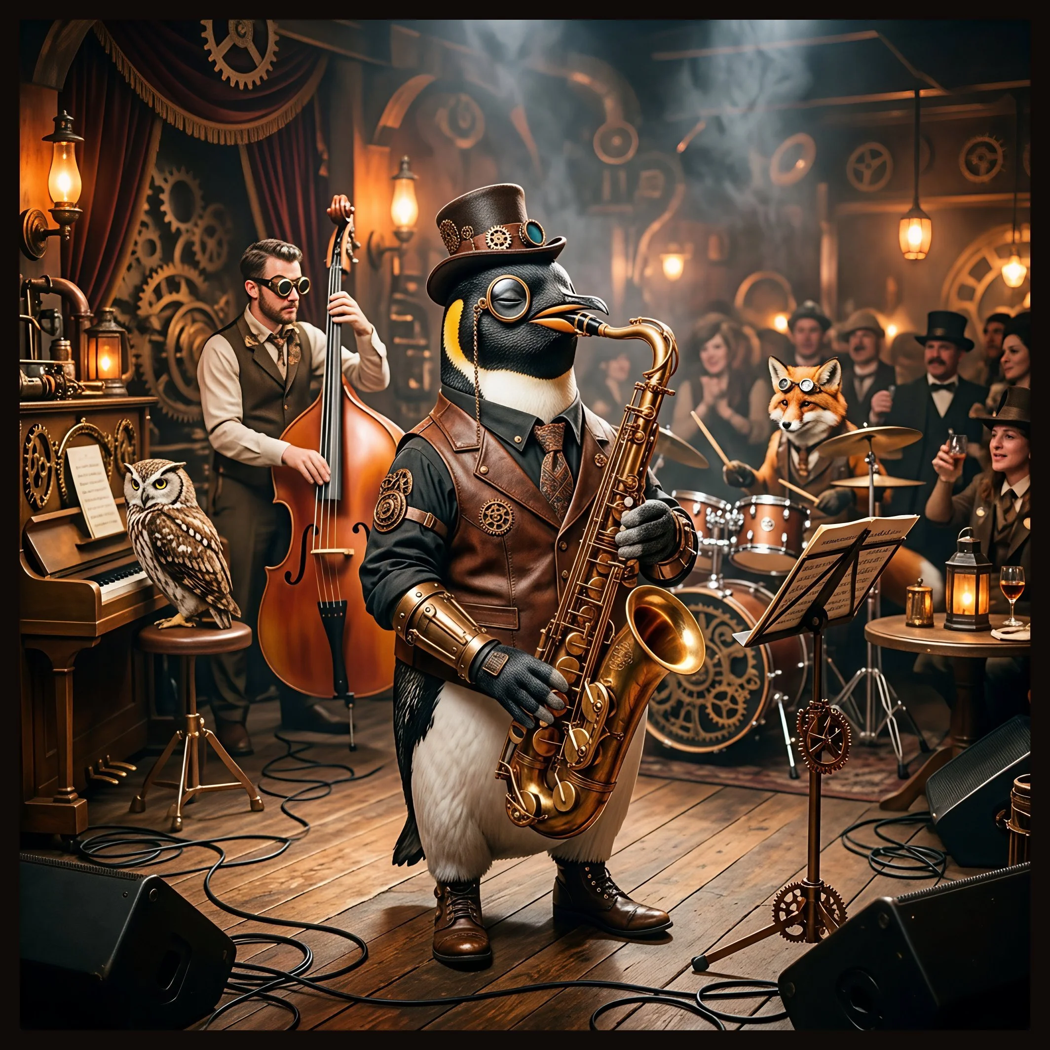 Steampunk Jazz Penguin – Framed Tile
