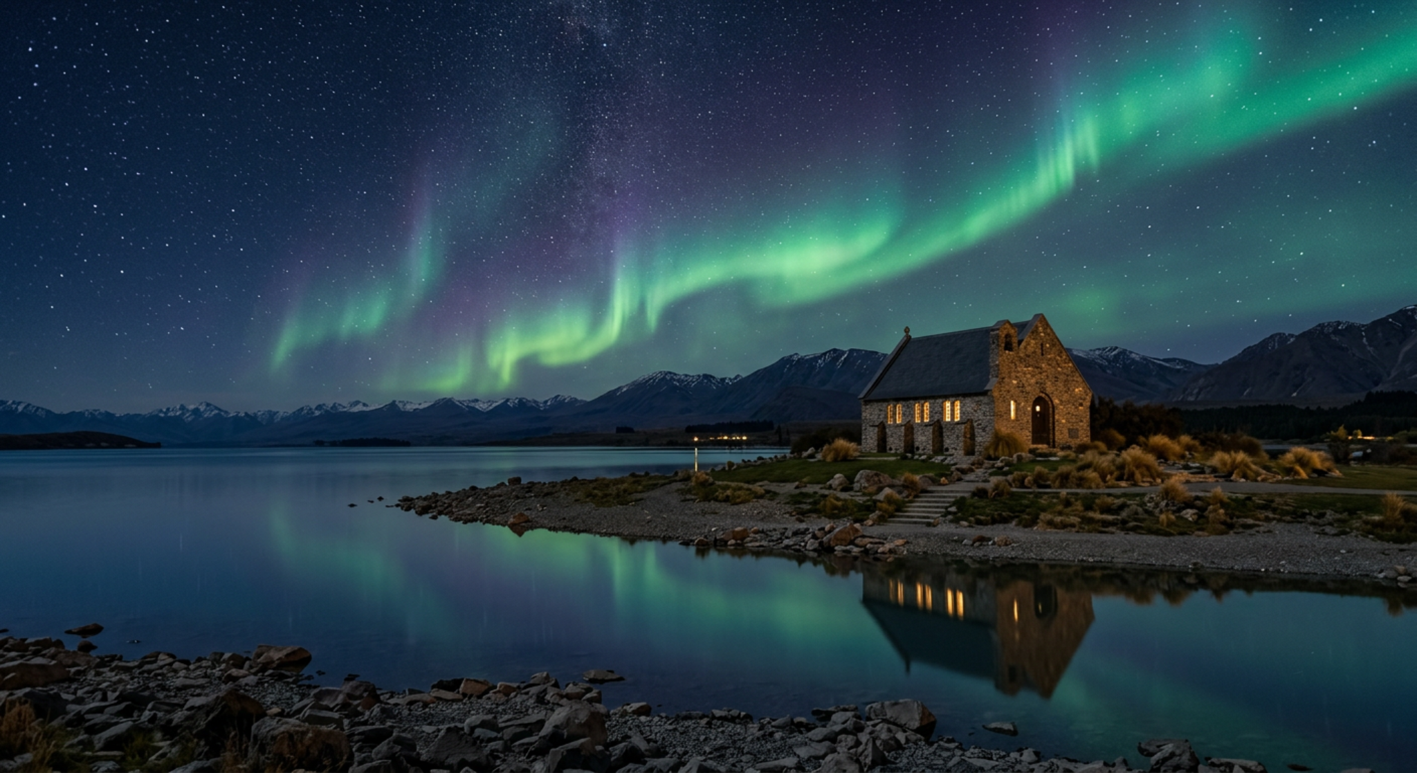 Lake Tekapo Aurora – New Zealand Landscape (Glass Finish)