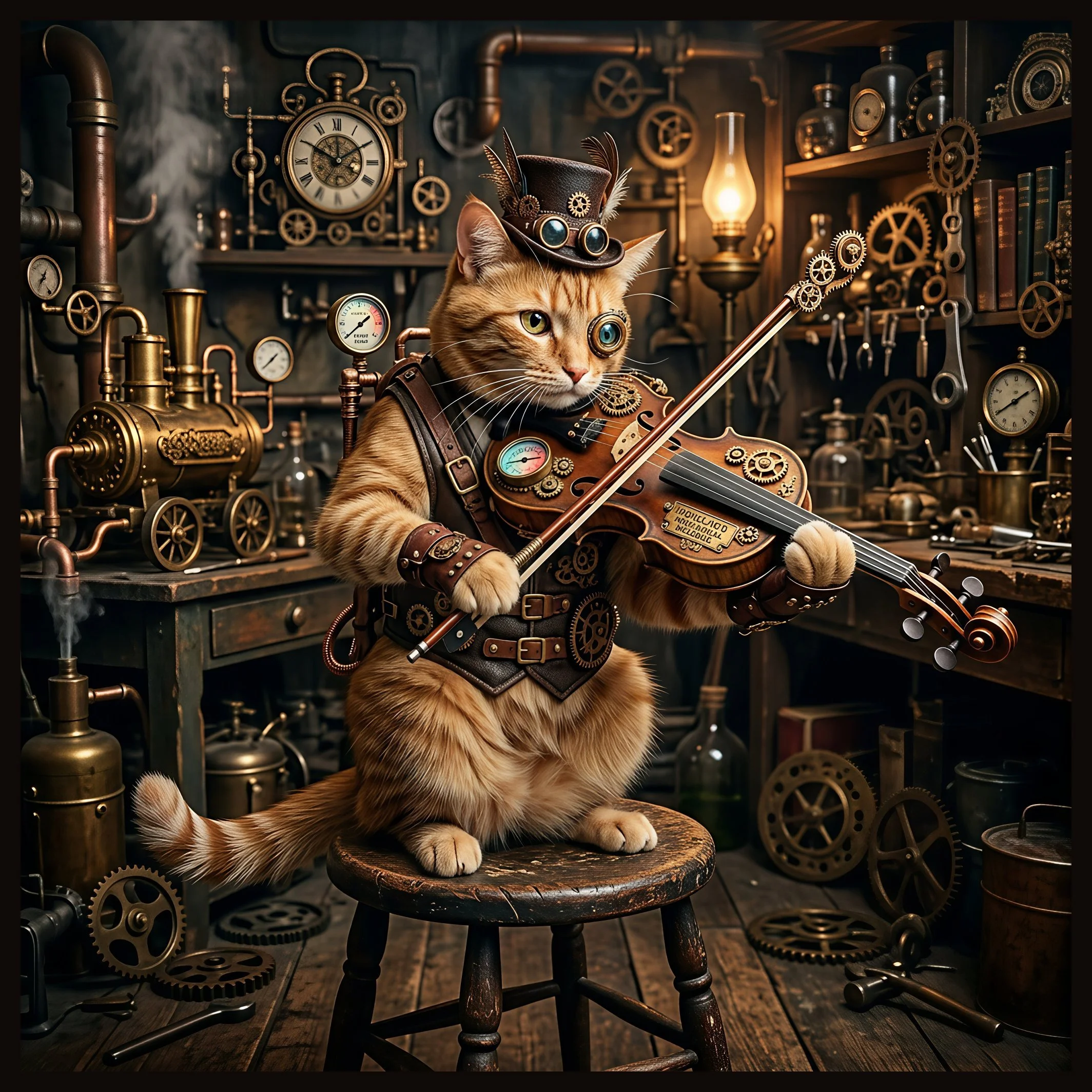 Steampunk Violin Cat – Framed Tile