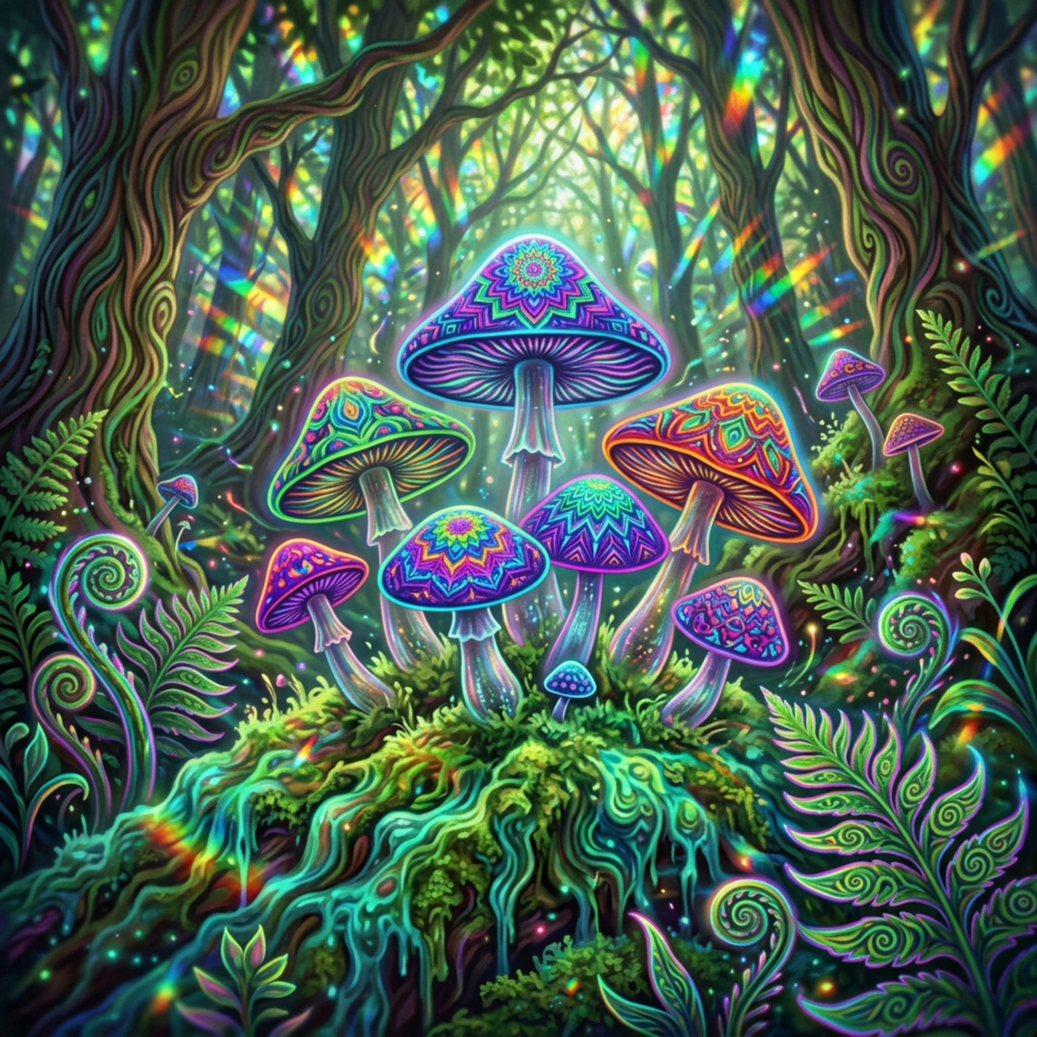Enchanted Glow – Psychedelic Forest Mushrooms (Framed Tile Art)