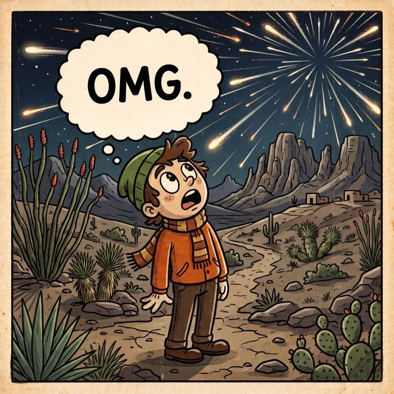 Cartoon of an amazed stargazer in the Big Bend desert watching dozens of meteors burst across the sky, thinking "OMG."
