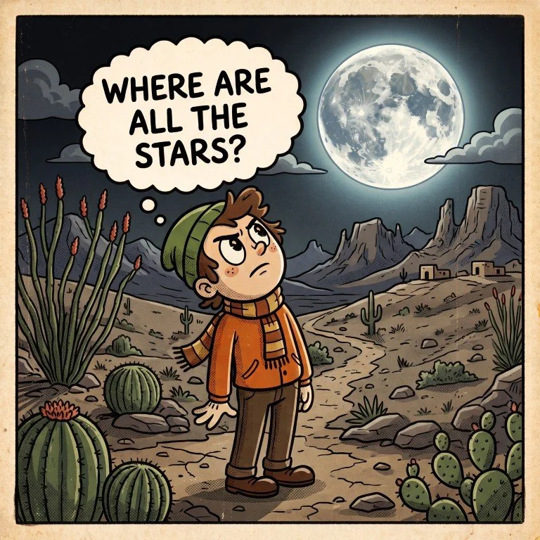 Cartoon of a puzzled stargazer in the desert under a bright full moon, thinking "Where are all the stars?"