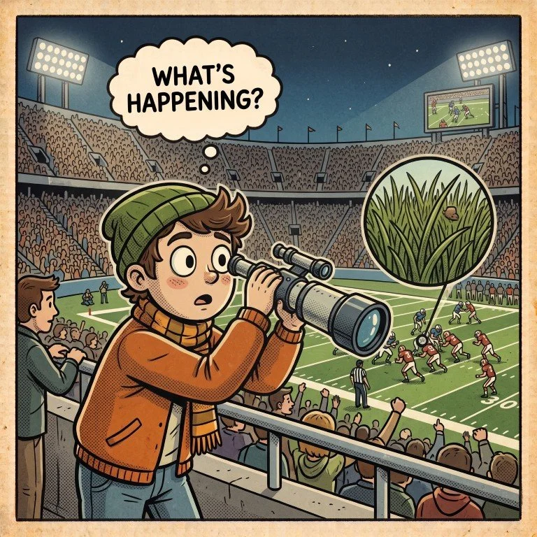 Cartoon of a confused fan at a football game looking through a telescope, seeing only a close-up of grass while the game goes on, thinking "What's happening?"