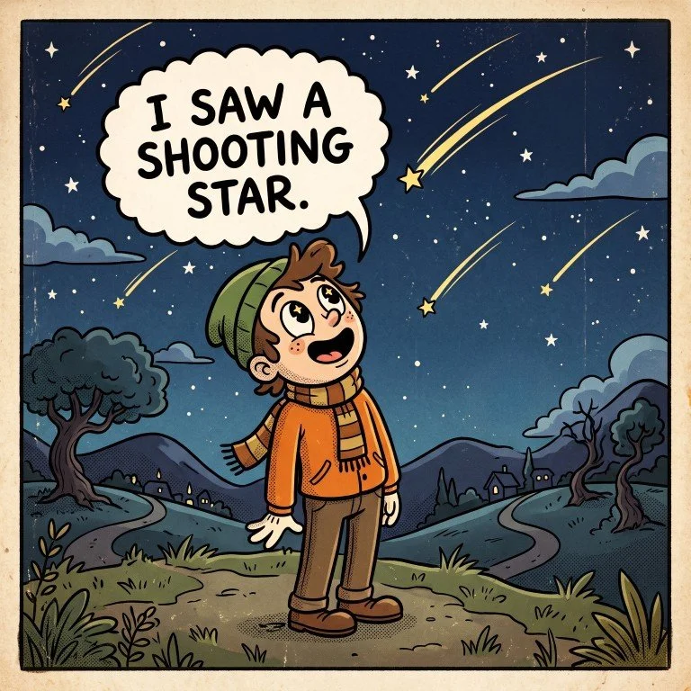 Cartoon of a stargazer pointing up at shooting stars in a night sky, saying 'I saw a shooting star.'