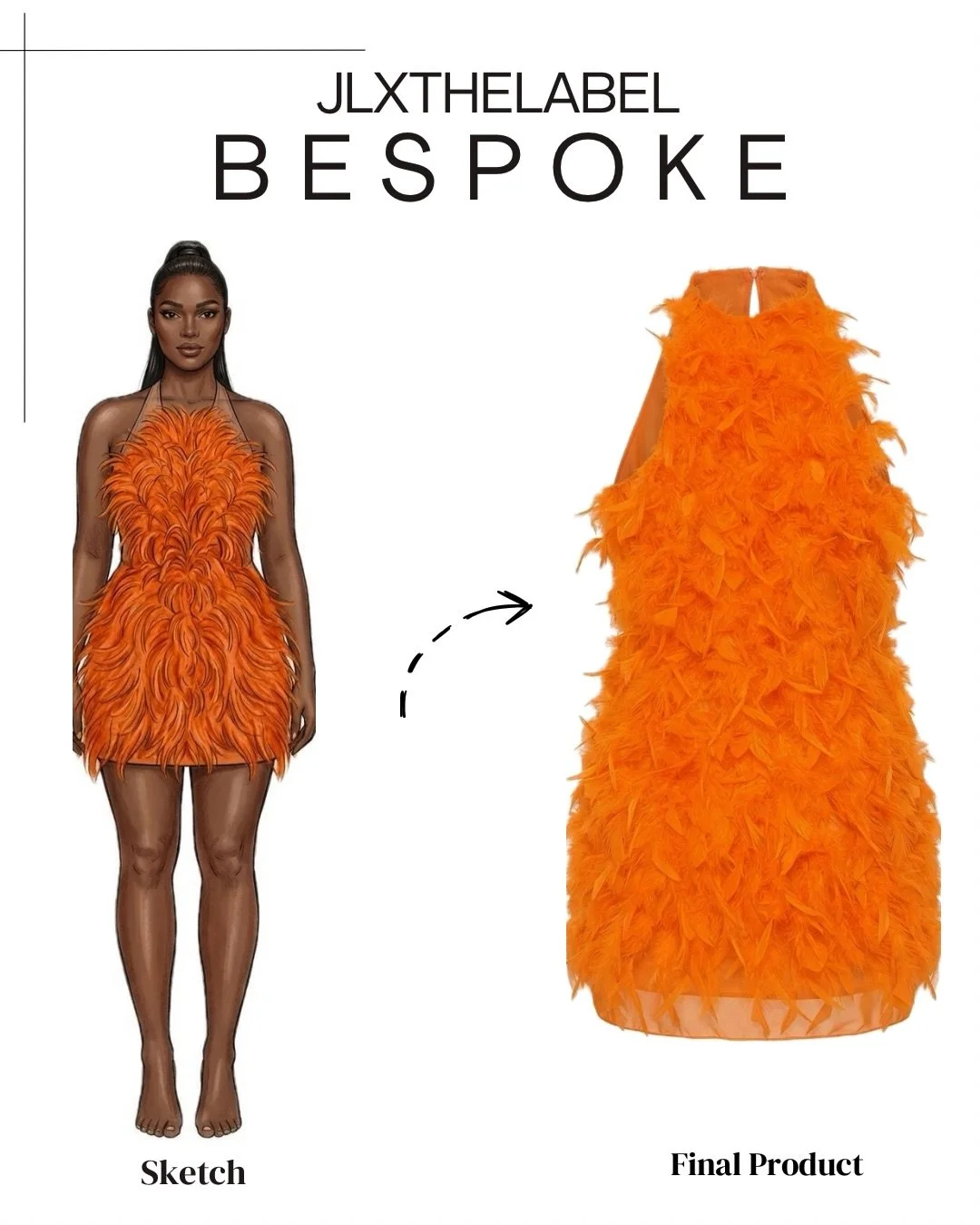 Every bespoke piece starts with a sketch, color, pattern, and an idea of how you want to look and feel.

This piece took hours of hand-applied feathers, layer after layer, until it moved the way it needed to.

Bespoke is not made to order, it is made