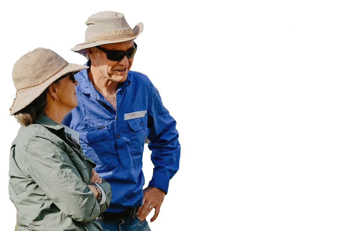 Farmers, a man and woman wearing hats and sunglasses outdoors, engaged in conversation
