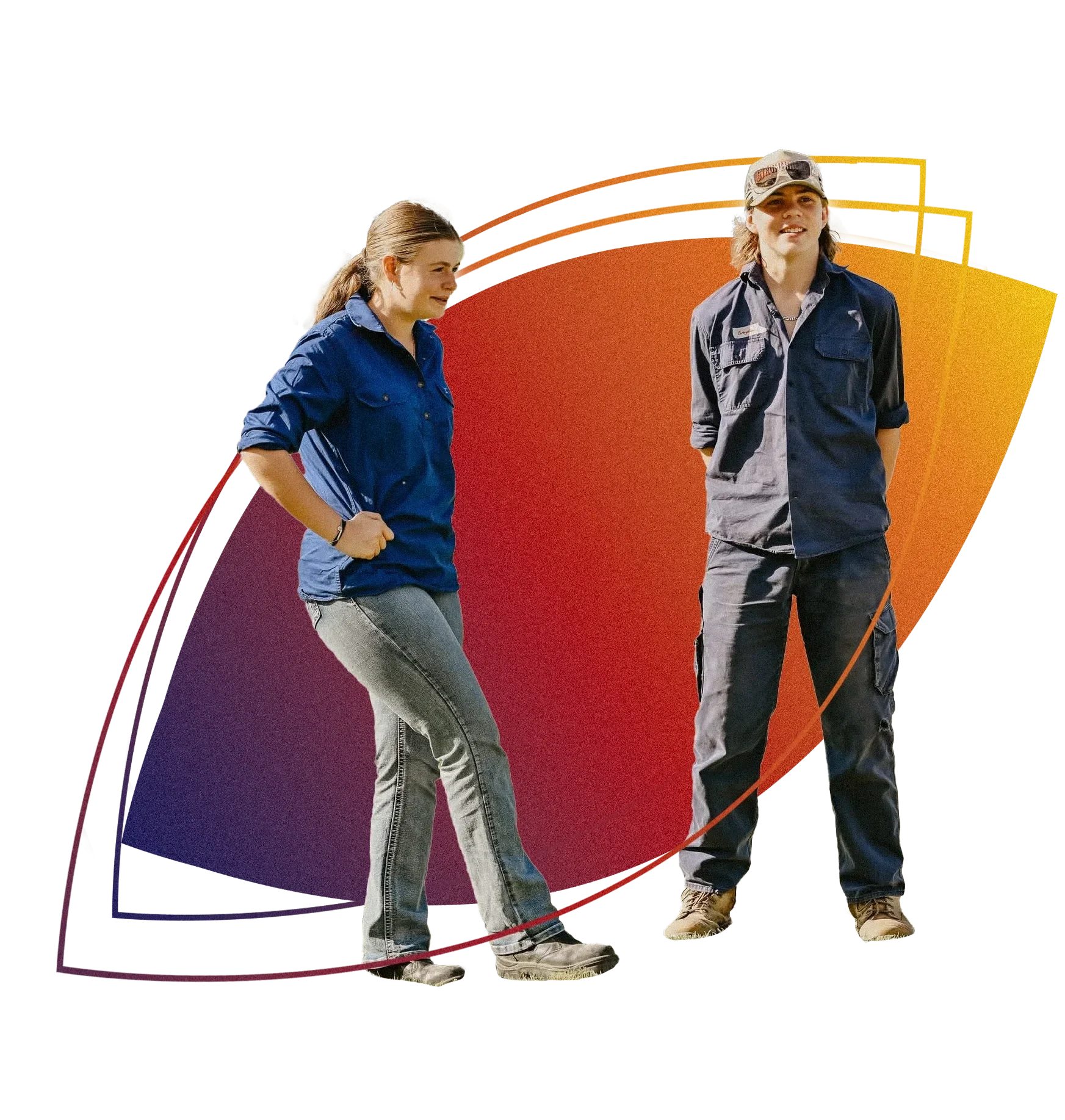 Two teenage, a girl and a boy, standing side by side outdoors. The girl has long brown hair and is wearing a blue button-up shirt and gray jeans. The boy has shoulder-length hair, is wearing a baseball cap, sunglasses, a dark gray shirt, and cargo pants. The background features abstract colorful shapes.