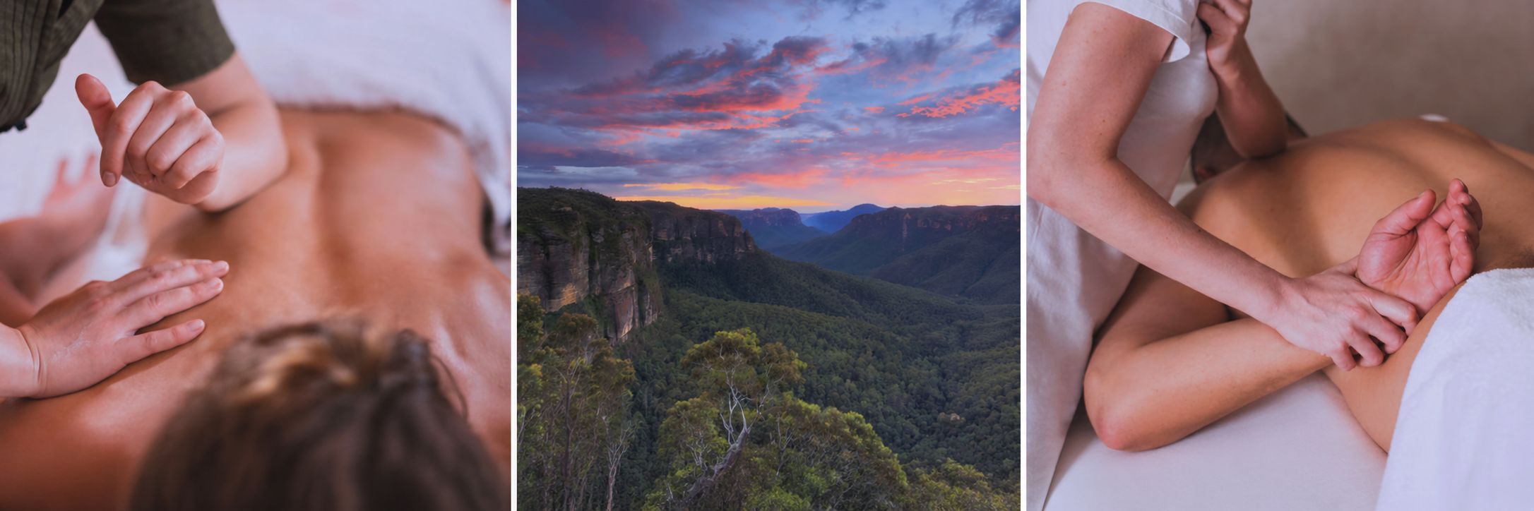 A collage of three images: left and right images show a person receiving a massage, and the middle image shows a scenic view of a sunset over green mountains with cliffs.
