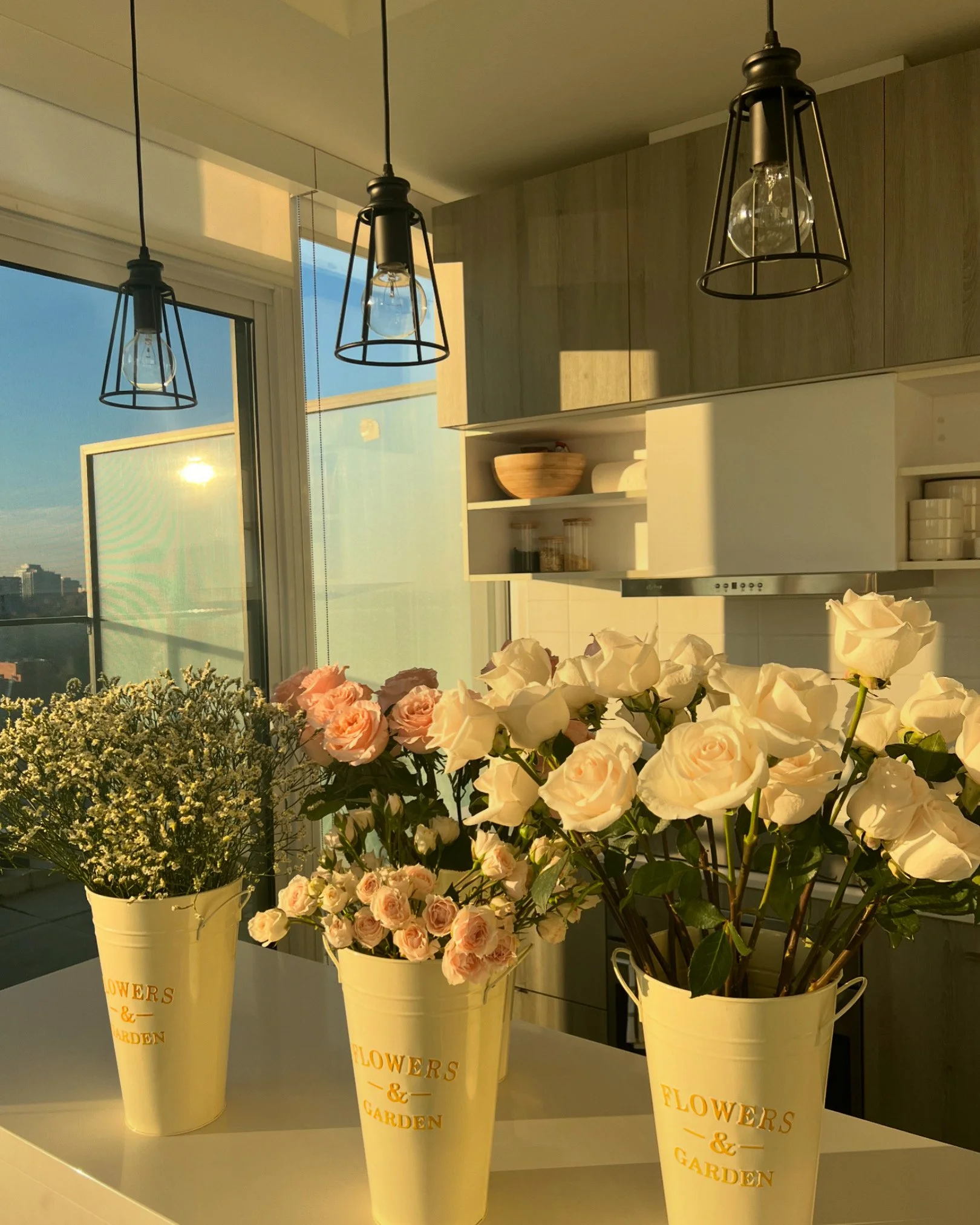 Three white flower pots with pink and white flowers on a white surface, inside a room with large windows and hanging black metal light fixtures.