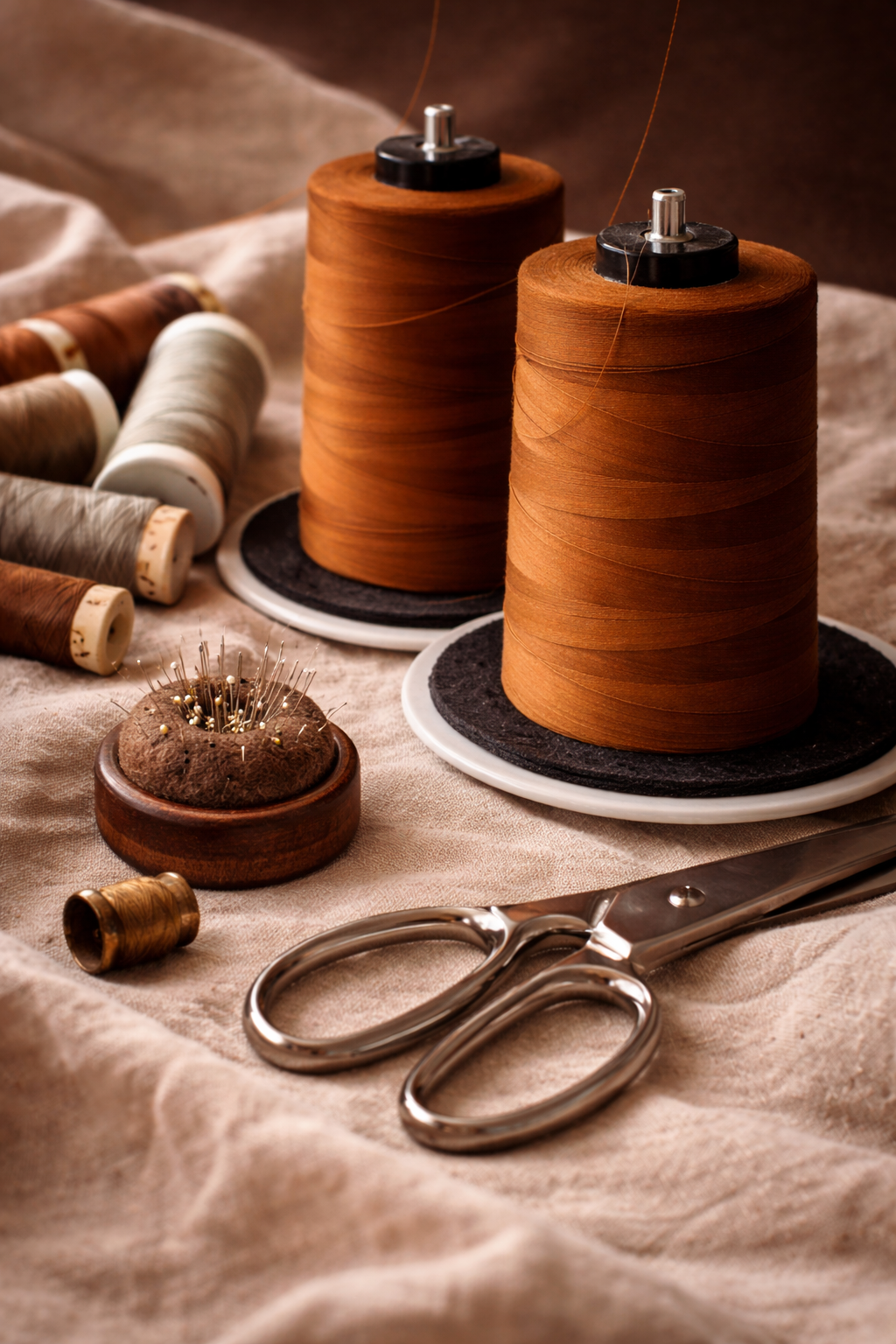 Spools of brown thread, a pair of silver scissors, and sewing supplies arranged on a soft beige fabric surface.