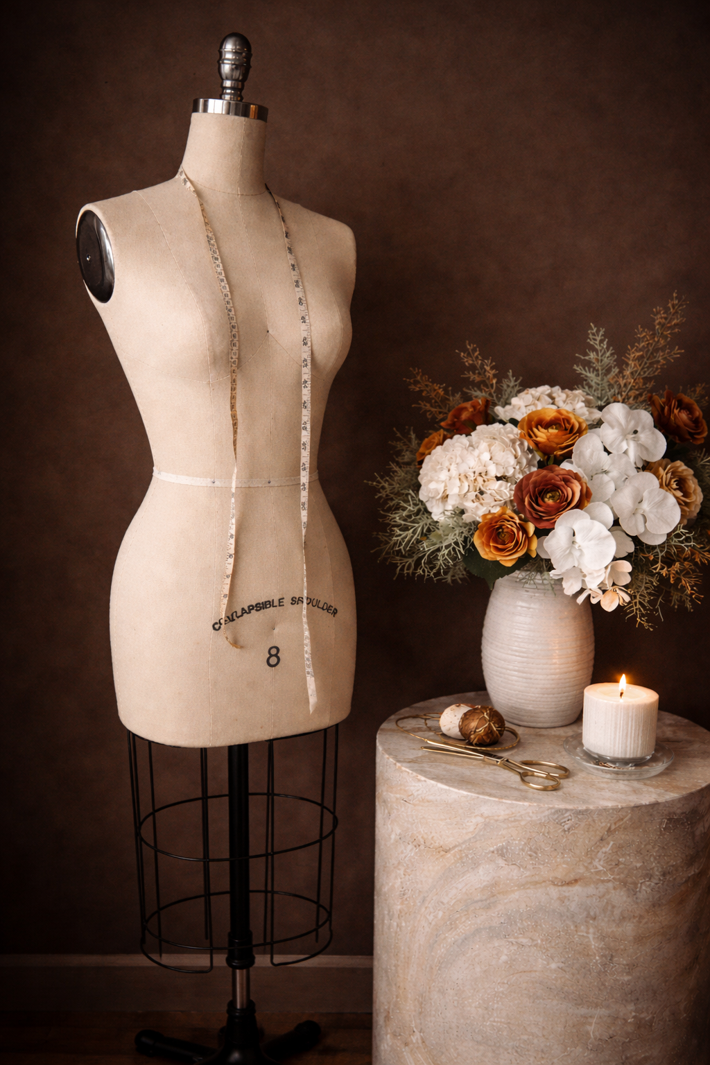 A dress form mannequin with a measuring tape hanging on it, positioned next to a round table with a bouquet of white and orange flowers, a candle, scissors, and decorative items, against a brown background.