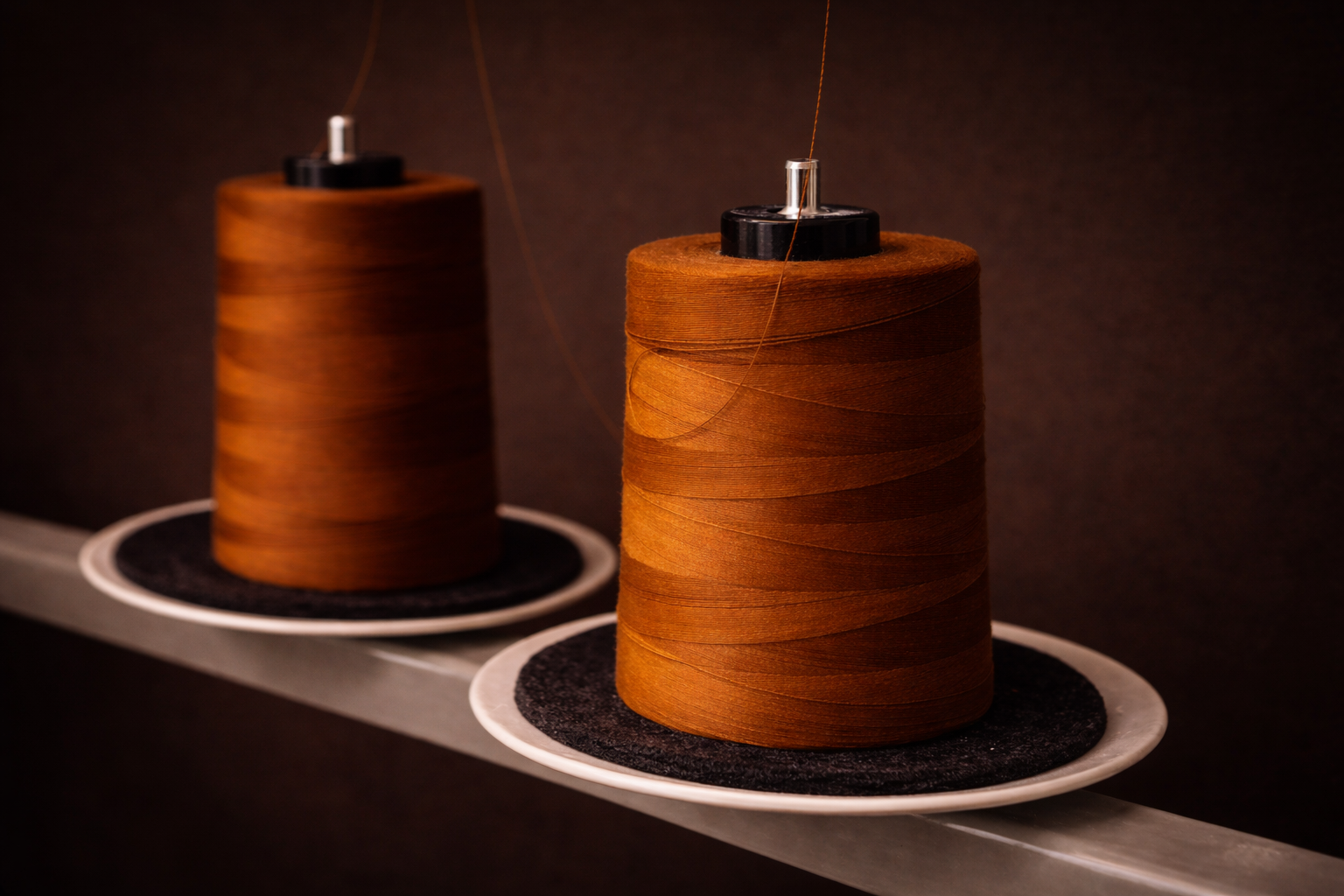Two large brown spools of thread on white circular bases, set against a dark background.