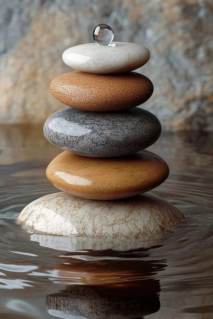Stacked stones in water symbolizing balance, resilience, and emotional steadiness.