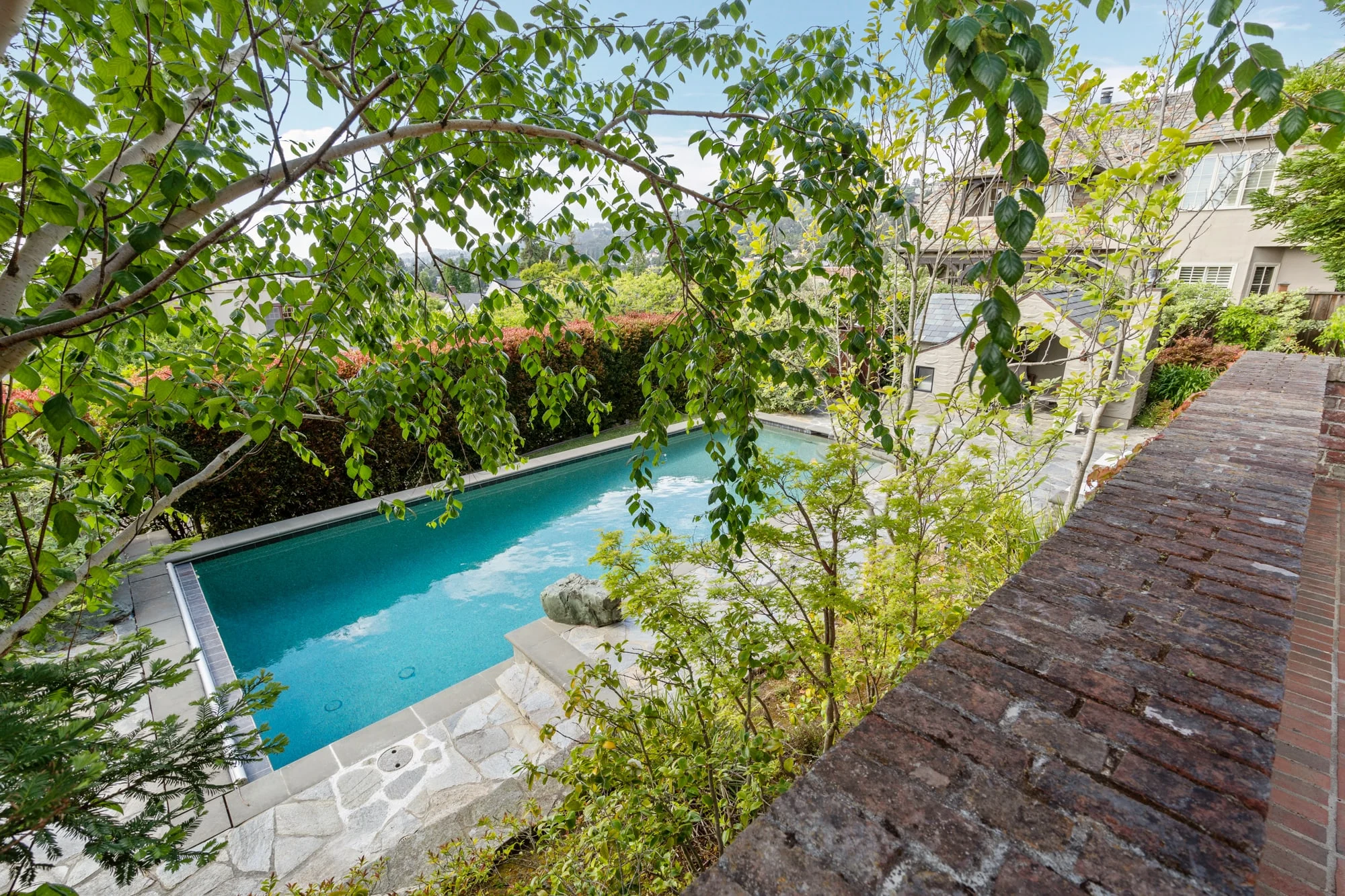 A backyard garden with a swimming pool viewed through leafy trees and a brick wall on the right. Residential buildings are visible in the background under a blue sky with clouds.