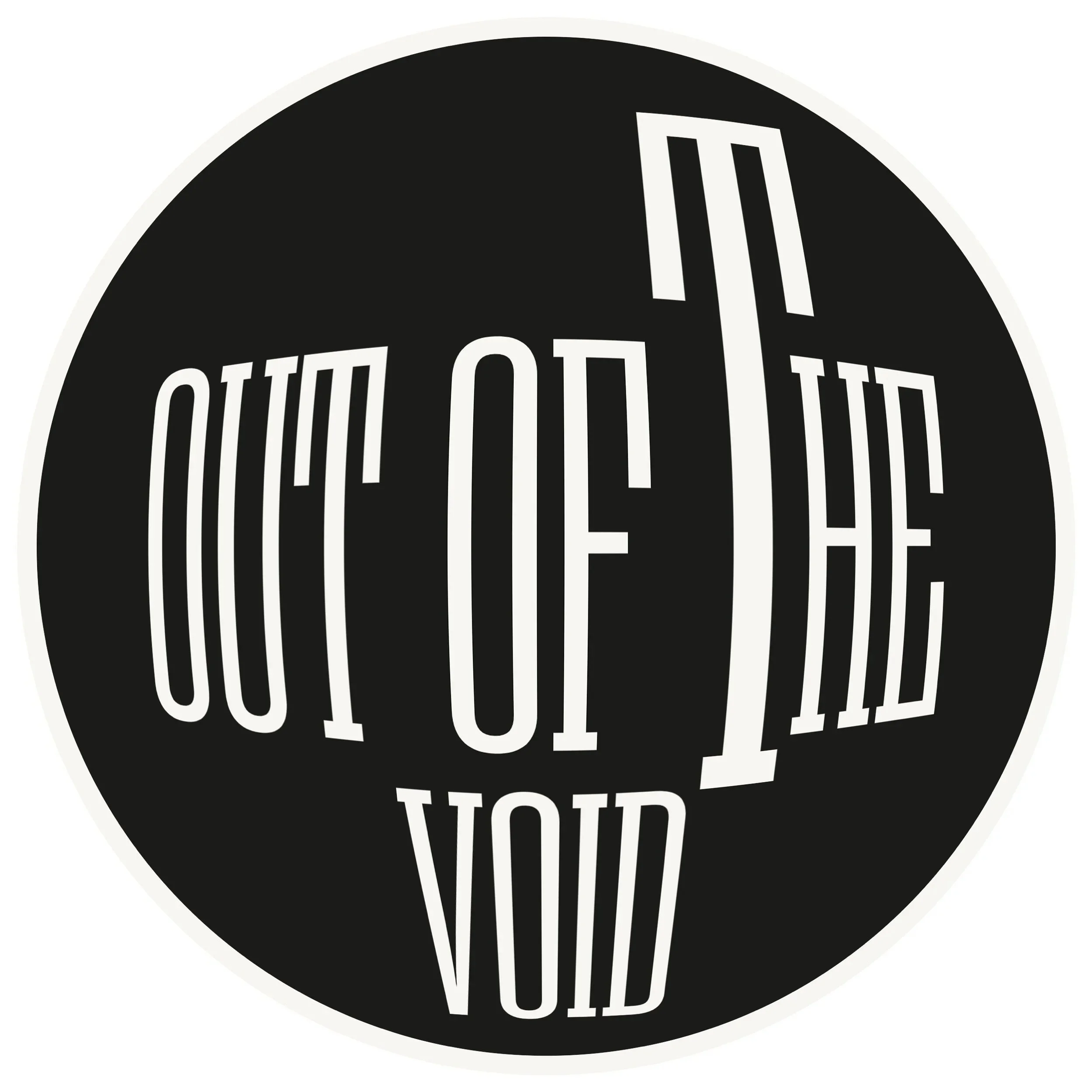 Black circular sticker with white text urging viewers to shop, with the words rotated in a spiral pattern.