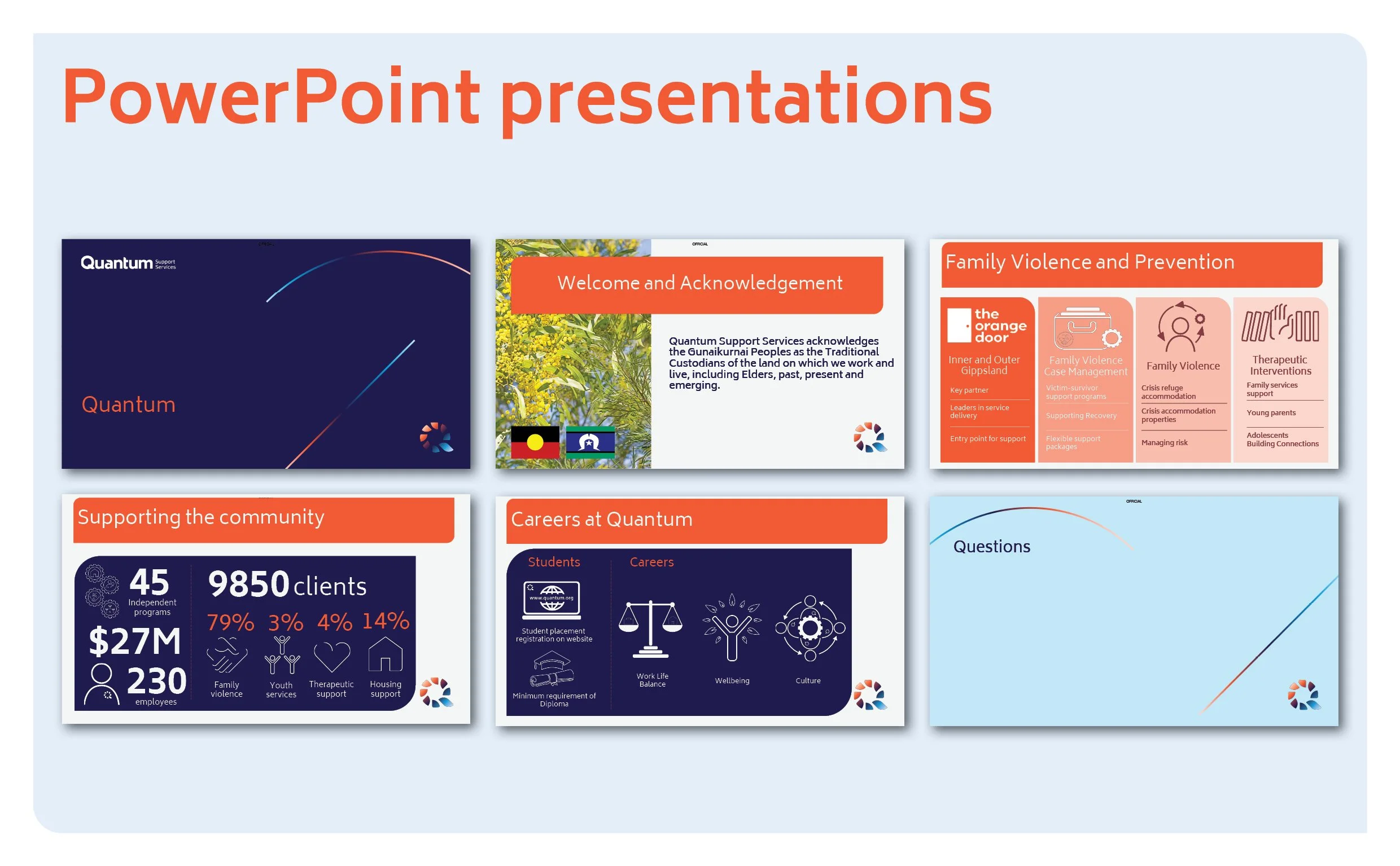 Collage of six PowerPoint presentation slides with titles and information about Quantum, community support, career opportunities, family violence prevention, and questions, featuring colorful graphics and text.